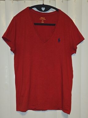 Ralph Lauren Red V-Neck Tee with Navy Pony